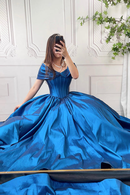 Blue Satin Long Prom Dress with Corset, Beautiful Off the Shoulder Evening Party Dress