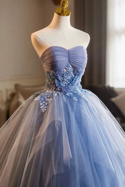 Blue Tulle Floral Long Party Dress, Lovely Strapless A-line Evening Prom Dress
