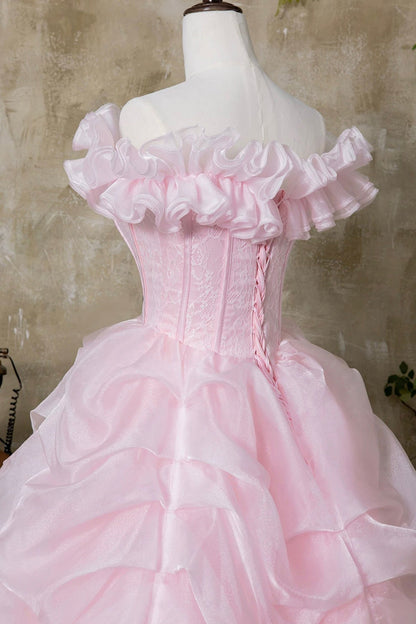 Pink Tulle Lace Long Prom Dress, Beautiful A-Line Off the Shoulder Party Dress