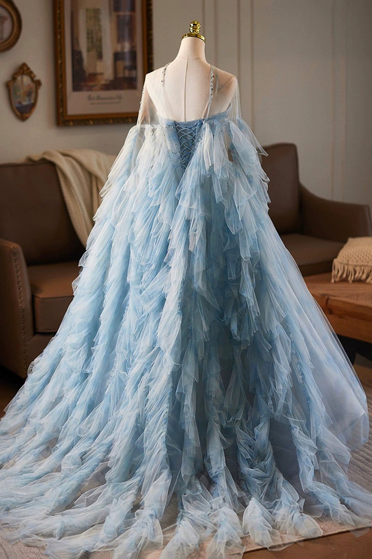 Blue Tulle Printed Pattern Long Prom Dress, Beautiful A-Line Party Dress with Cape