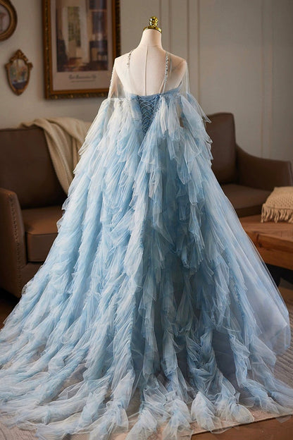 Blue Tulle Printed Pattern Long Prom Dress, Beautiful A-Line Party Dress with Cape