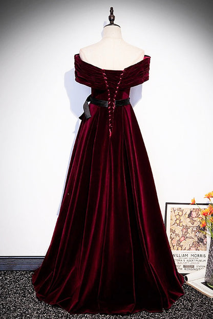 Burgundy Velvet Floor Length Prom Dress, Elegant Off the Shoulder Party Dress