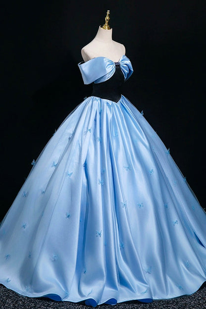 Blue Satin Floor Length Prom Dress, A-Line Off the Shoulder Party Dress