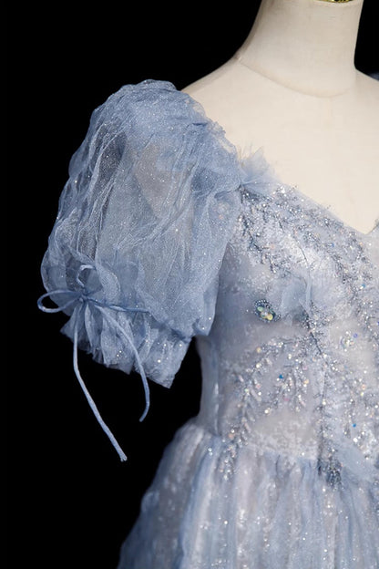 Blue Tulle Beads Long Prom Dress, A-Line Short Sleeve Evening Party Dress