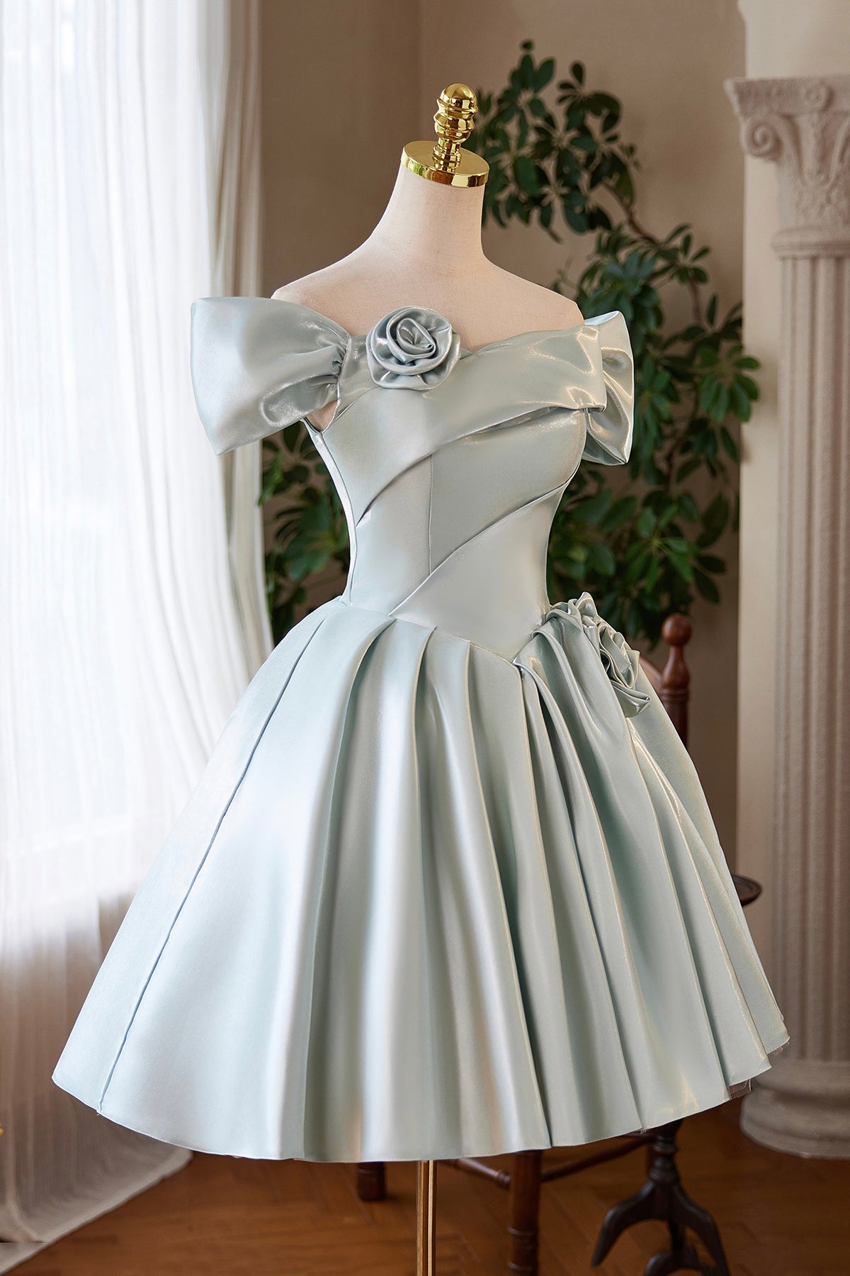 Gray Green Satin Short Prom Dress, Cute A-Line Homecoming Party Dress