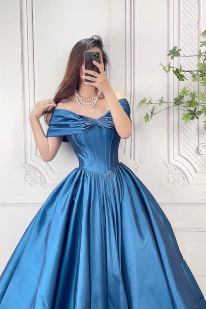 Blue Satin Long Prom Dress with Corset, Beautiful Off the Shoulder Evening Party Dress