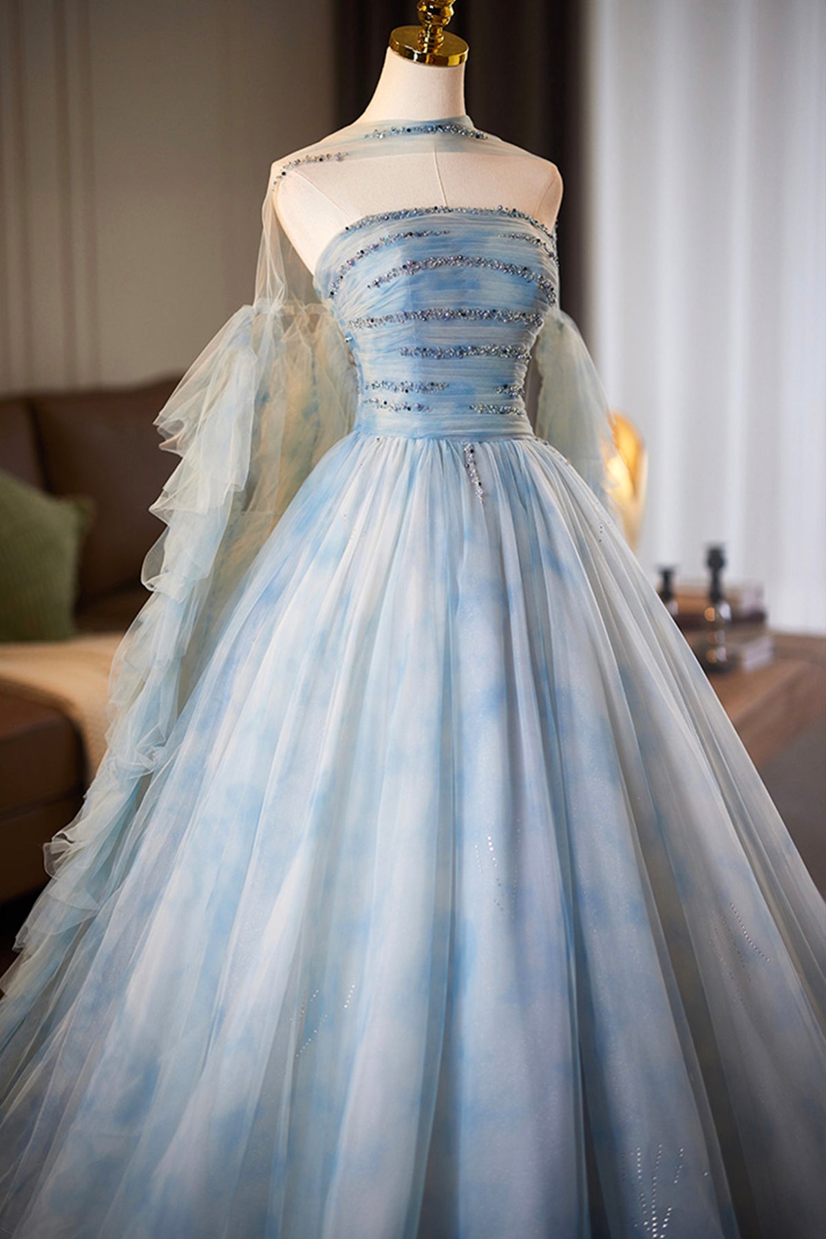 Blue Tulle Printed Pattern Long Prom Dress, Beautiful A-Line Party Dress with Cape