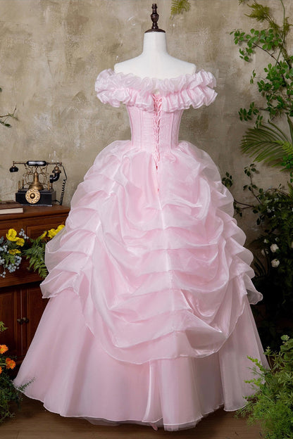 Pink Tulle Lace Long Prom Dress, Beautiful A-Line Off the Shoulder Party Dress