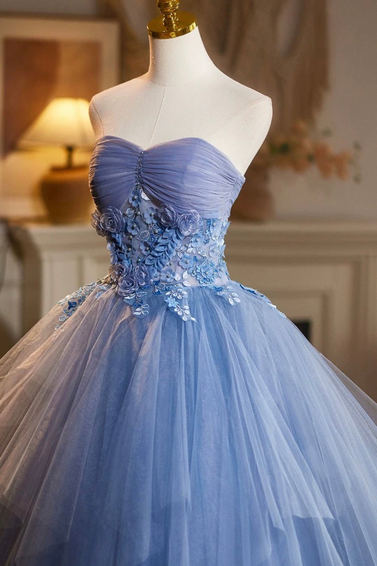 Blue Tulle Floral Long Party Dress, Lovely Strapless A-line Evening Prom Dress
