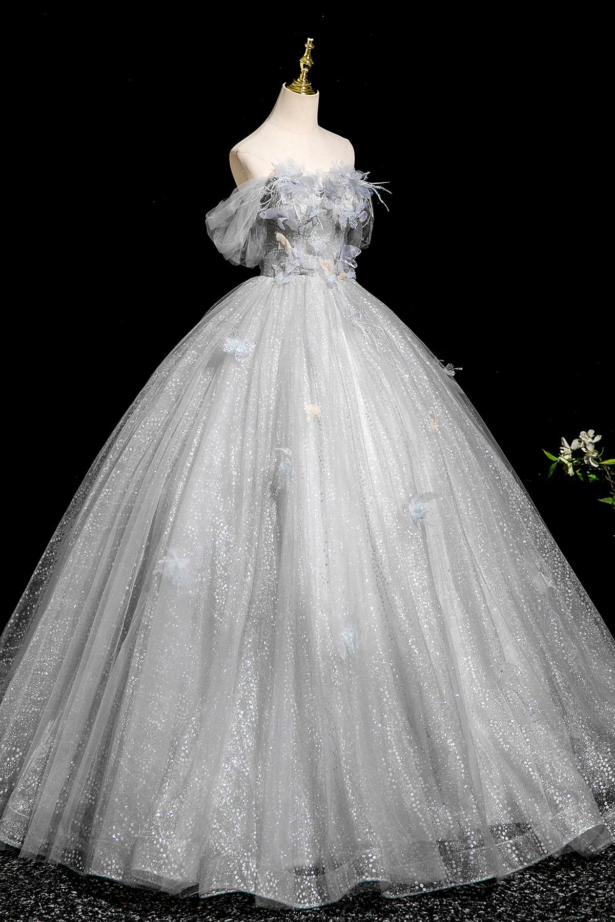 A-Line Flower Tulle Long Prom Dress, Gray Off the Shoulder Party Dress