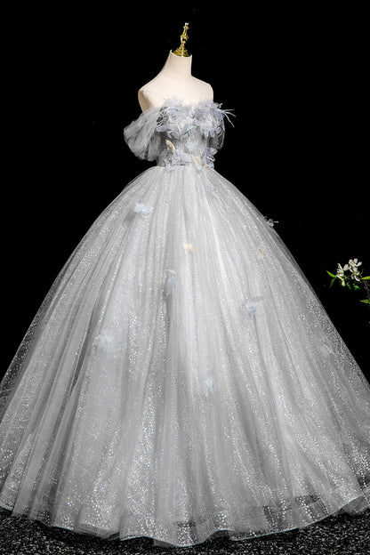 A-Line Flower Tulle Long Prom Dress, Gray Off the Shoulder Party Dress