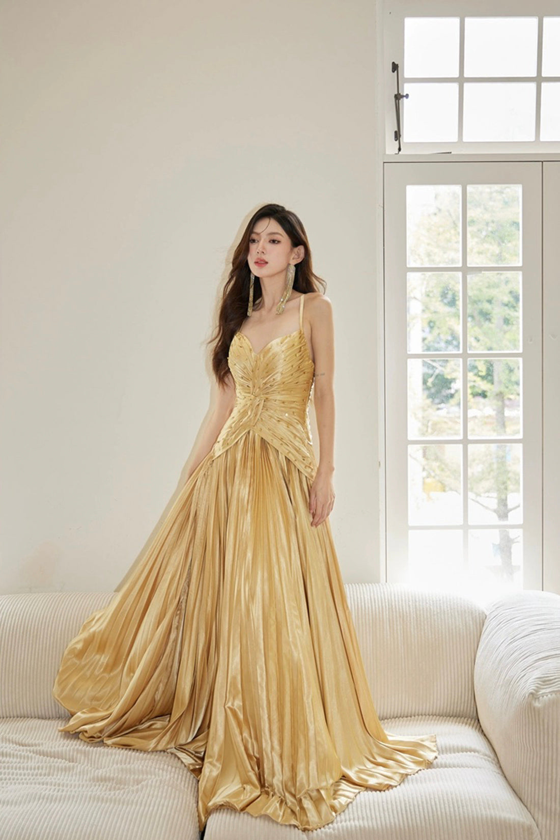 Gold Satin Long Backless Prom Dress, A-Line Spaghetti Strap Evening Party Dress