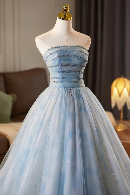 Blue Tulle Printed Pattern Long Prom Dress, Beautiful A-Line Party Dress with Cape