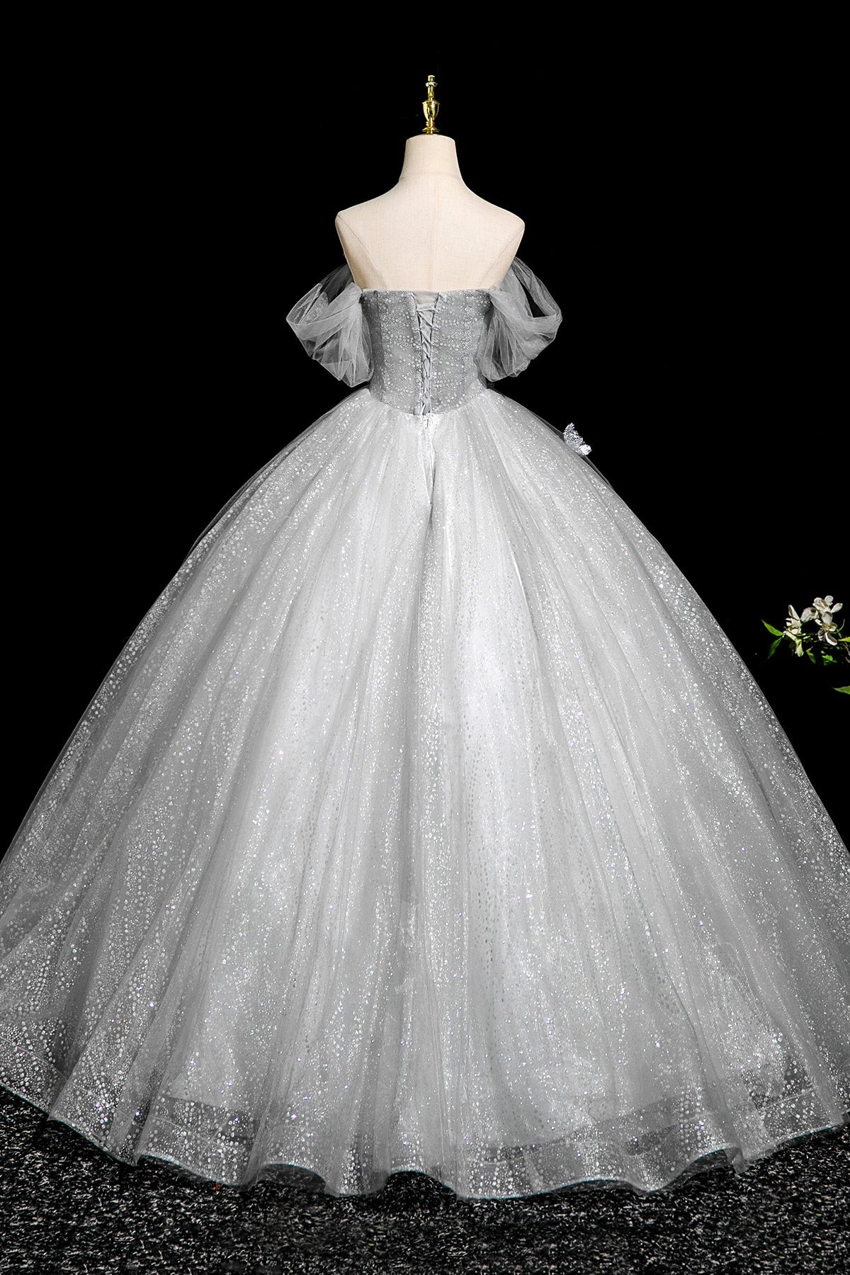 A-Line Flower Tulle Long Prom Dress, Gray Off the Shoulder Party Dress