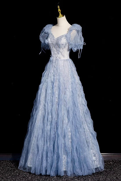 Blue Tulle Beads Long Prom Dress, A-Line Short Sleeve Evening Party Dress