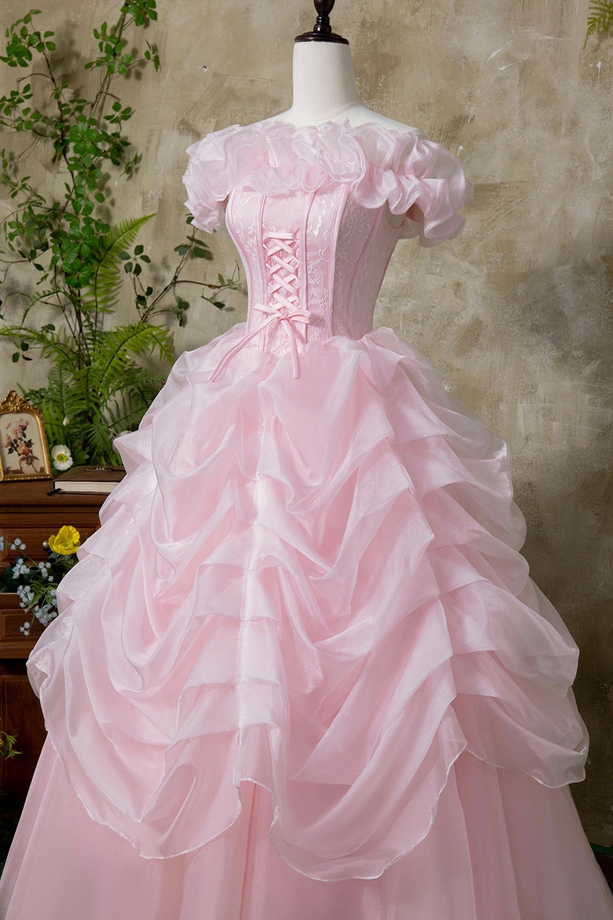 Pink Tulle Lace Long Prom Dress, Beautiful A-Line Off the Shoulder Party Dress