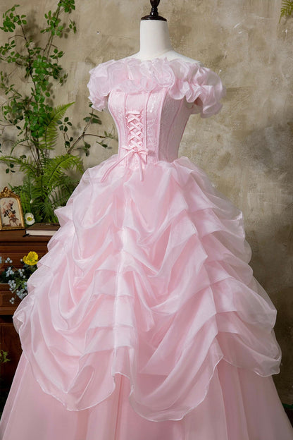 Pink Tulle Lace Long Prom Dress, Beautiful A-Line Off the Shoulder Party Dress