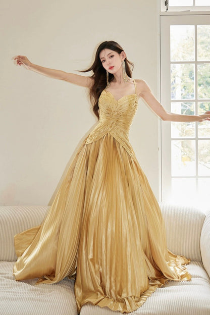 Gold Satin Long Backless Prom Dress, A-Line Spaghetti Strap Evening Party Dress