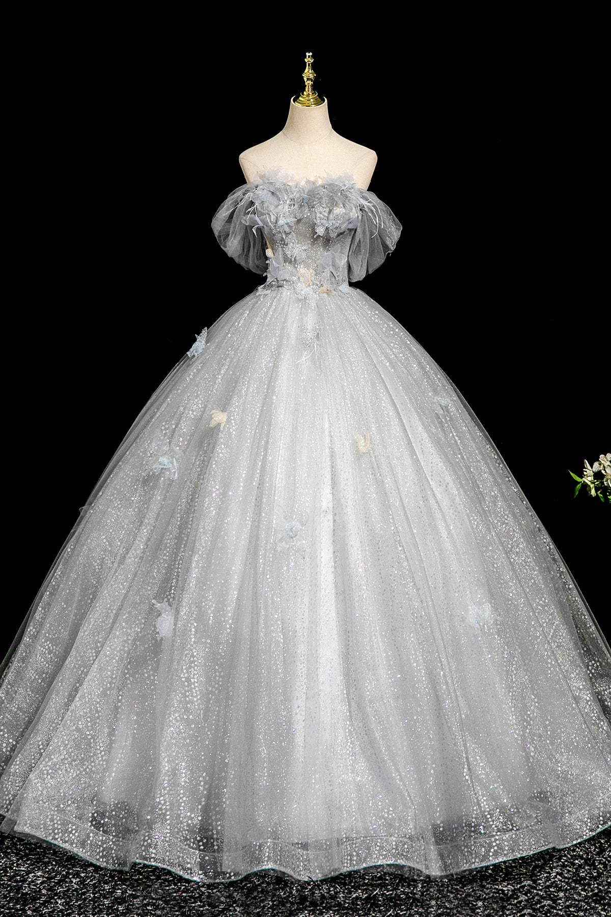 A-Line Flower Tulle Long Prom Dress, Gray Off the Shoulder Party Dress