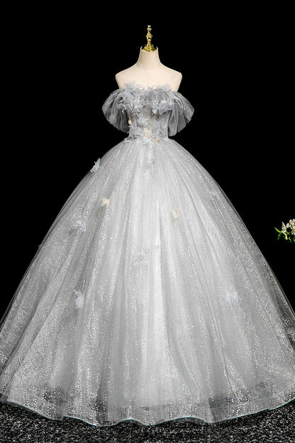 A-Line Flower Tulle Long Prom Dress, Gray Off the Shoulder Party Dress
