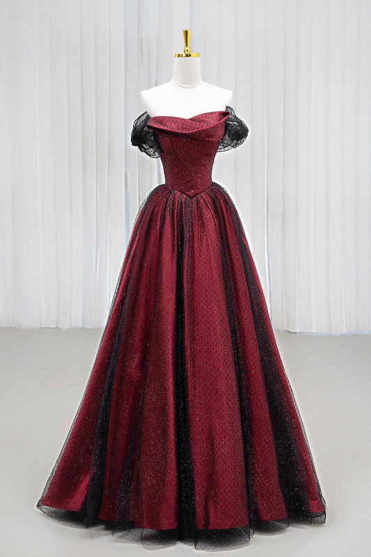 Black Tulle and Burgundy Satin Long Prom Dress, Charming A-Line Party Dress