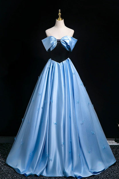 Blue Satin Floor Length Prom Dress, A-Line Off the Shoulder Party Dress