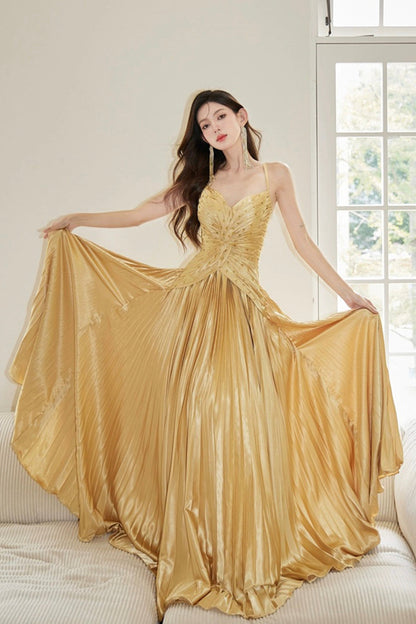Gold Satin Long Backless Prom Dress, A-Line Spaghetti Strap Evening Party Dress