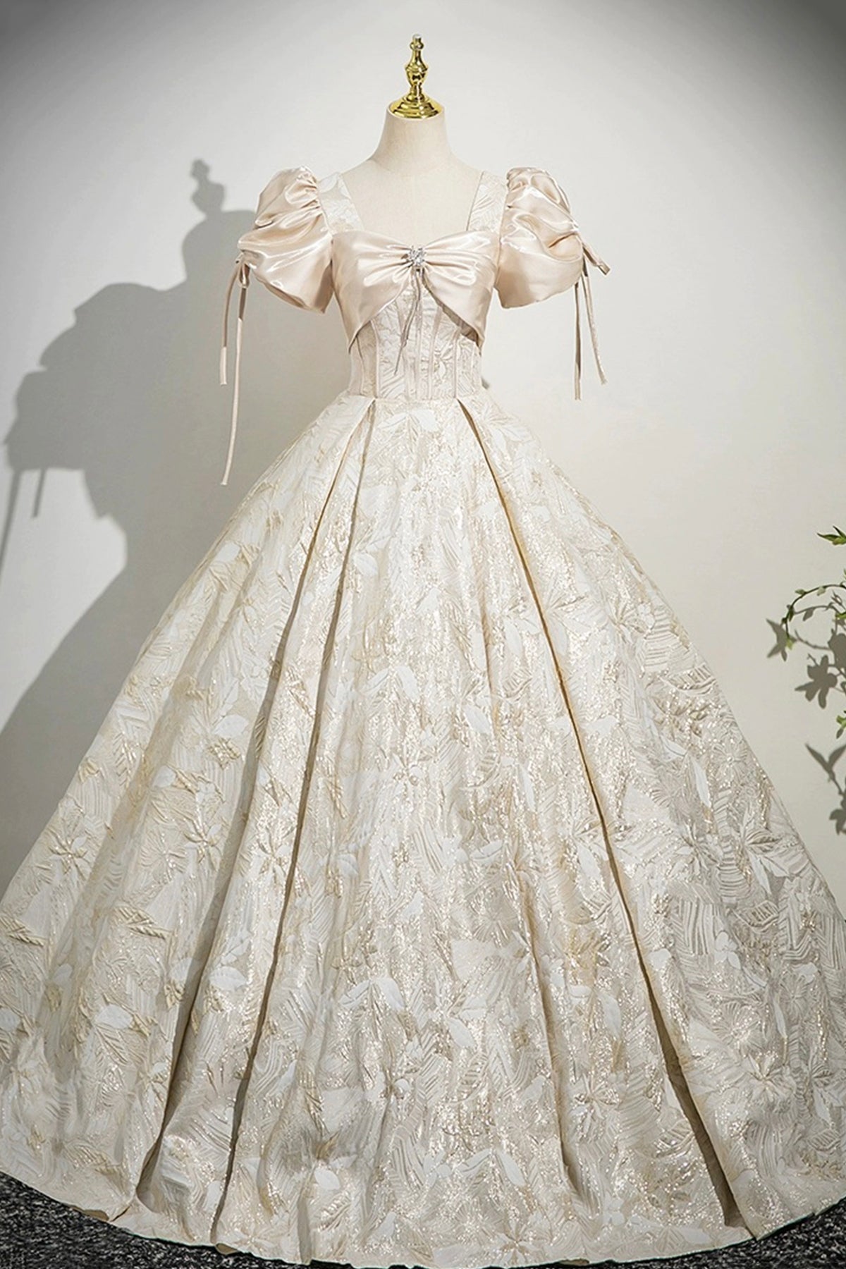 Champagne Satin Printed Floor Length Prom Dress, A-Line Short Sleeve Party Dress