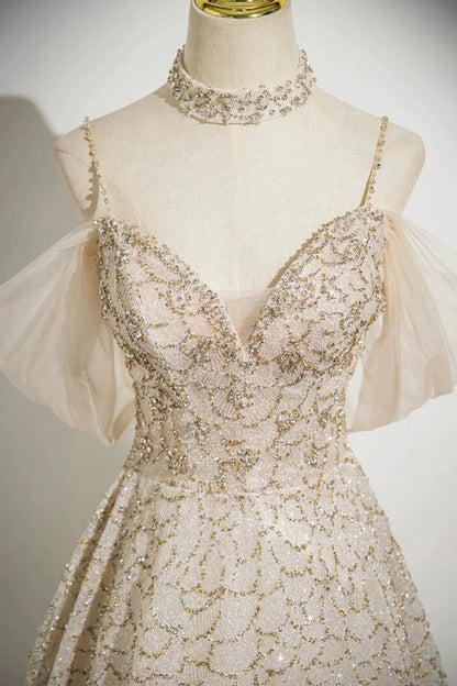 Champagne Spaghetti Strap Tulle Long Prom Dress, Shiny A-Line Evening Dress