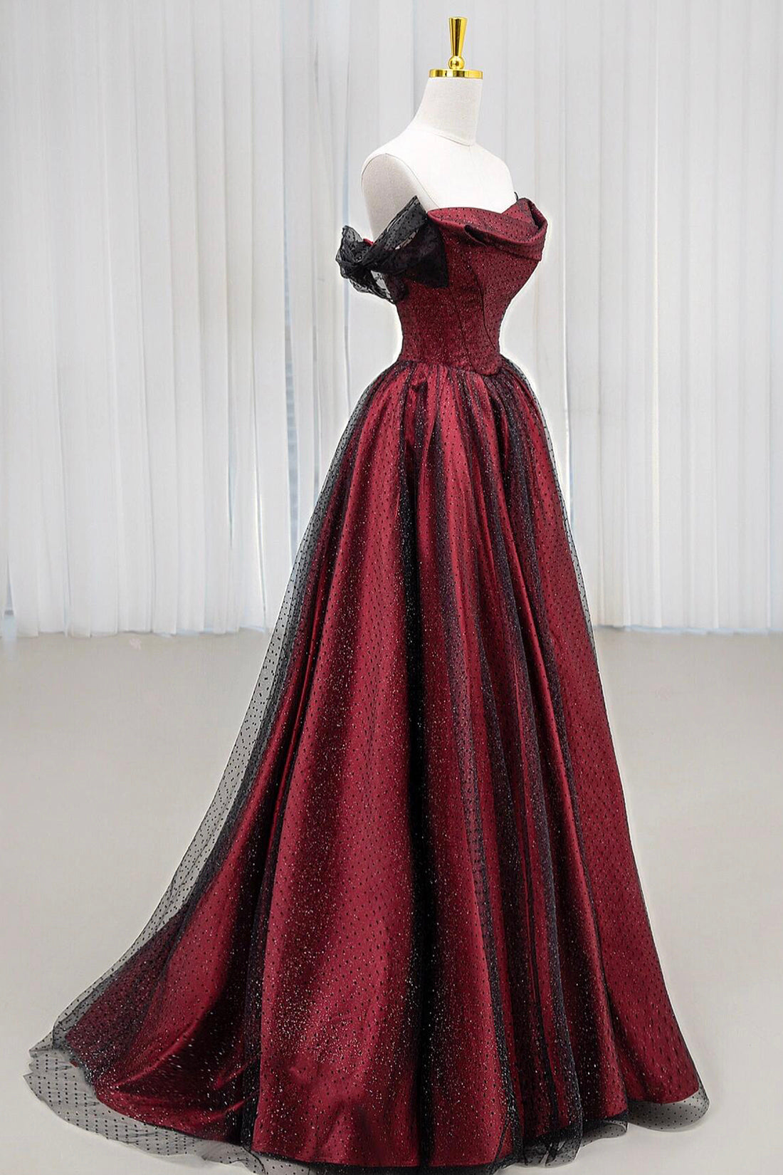 Black Tulle and Burgundy Satin Long Prom Dress, Charming A-Line Party Dress