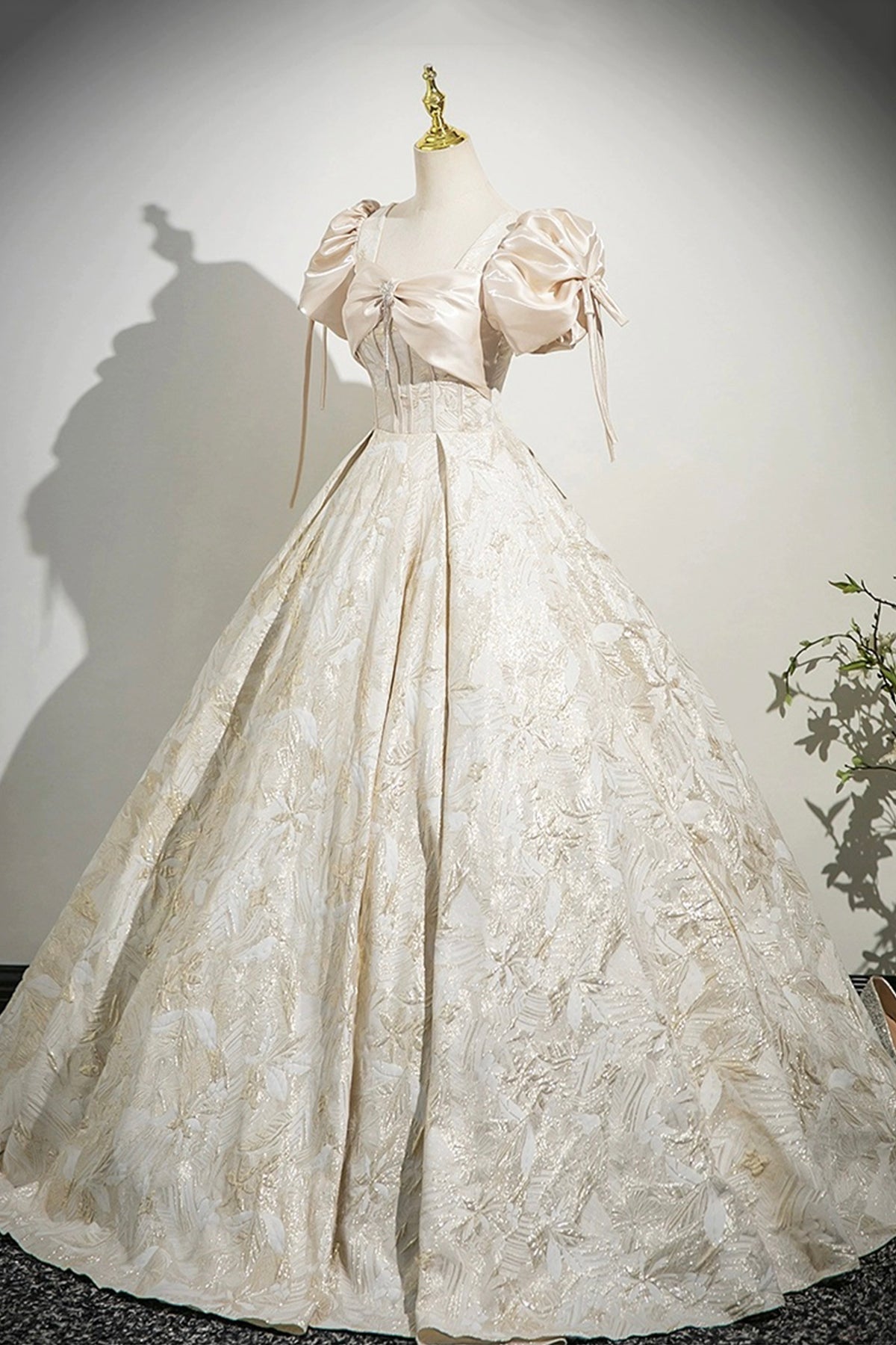 Champagne Satin Printed Floor Length Prom Dress, A-Line Short Sleeve Party Dress