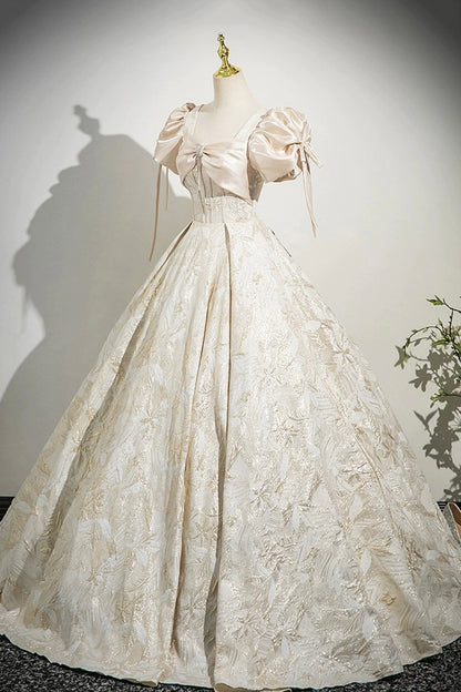 Champagne Satin Printed Floor Length Prom Dress, A-Line Short Sleeve Party Dress