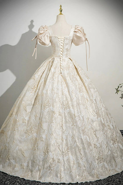 Champagne Satin Printed Floor Length Prom Dress, A-Line Short Sleeve Party Dress