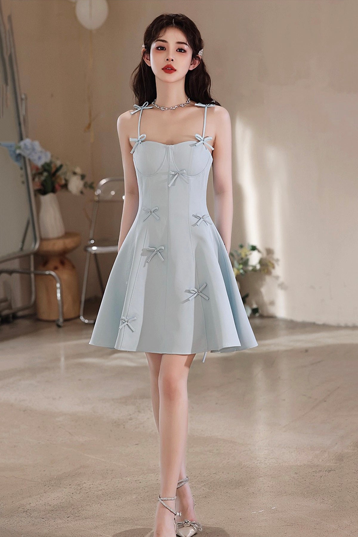 Light Blue Spaghetti Strap Short Prom Dress, Lovely A-Line Evening Party Dress