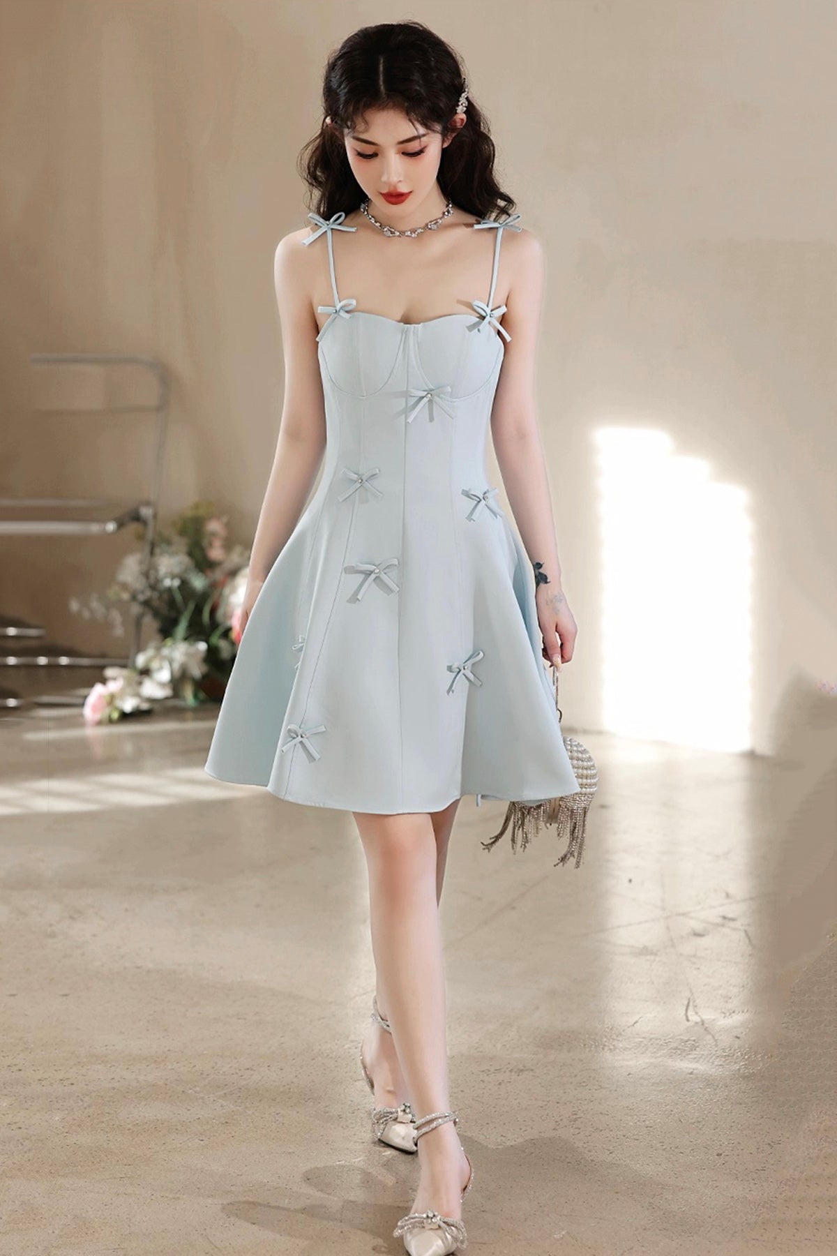 Light Blue Spaghetti Strap Short Prom Dress, Lovely A-Line Evening Party Dress