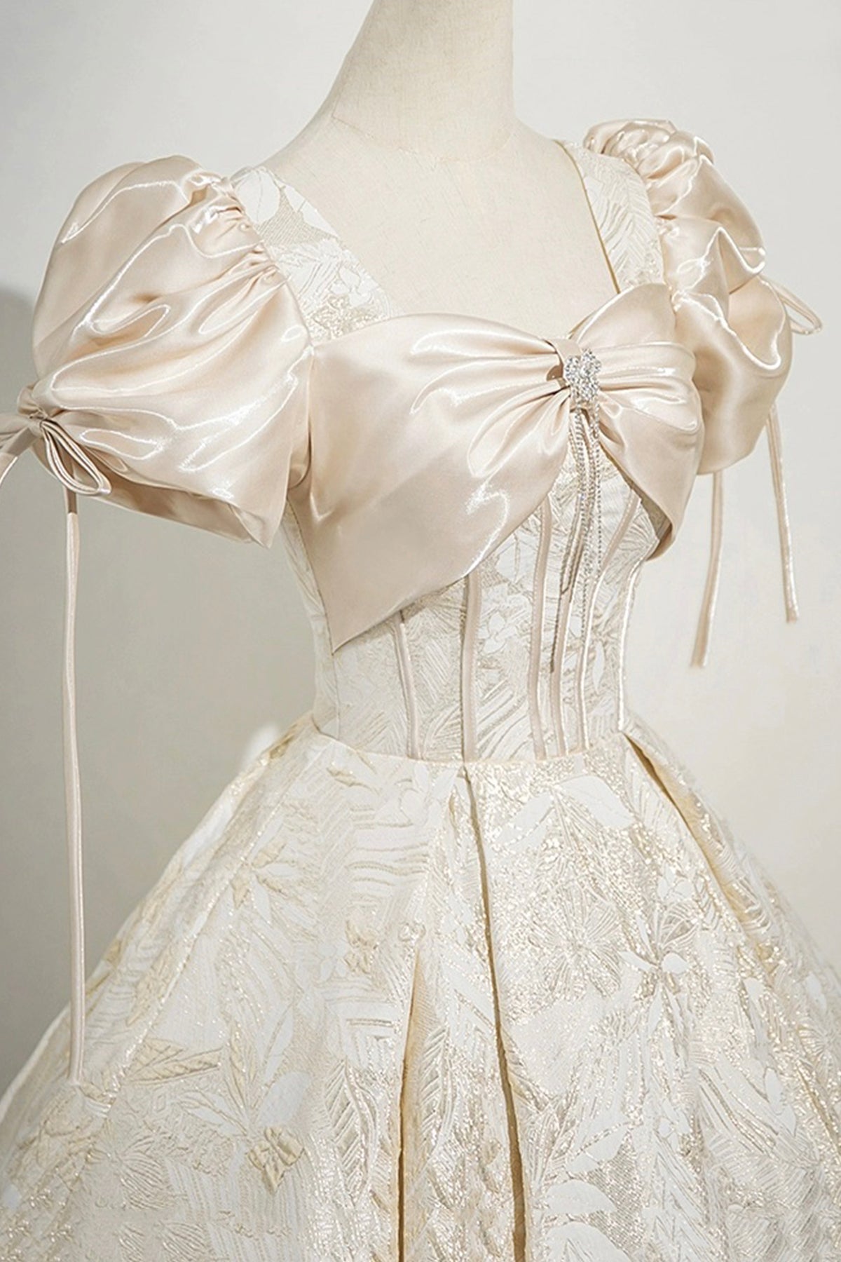 Champagne Satin Printed Floor Length Prom Dress, A-Line Short Sleeve Party Dress