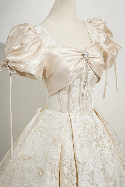 Champagne Satin Printed Floor Length Prom Dress, A-Line Short Sleeve Party Dress