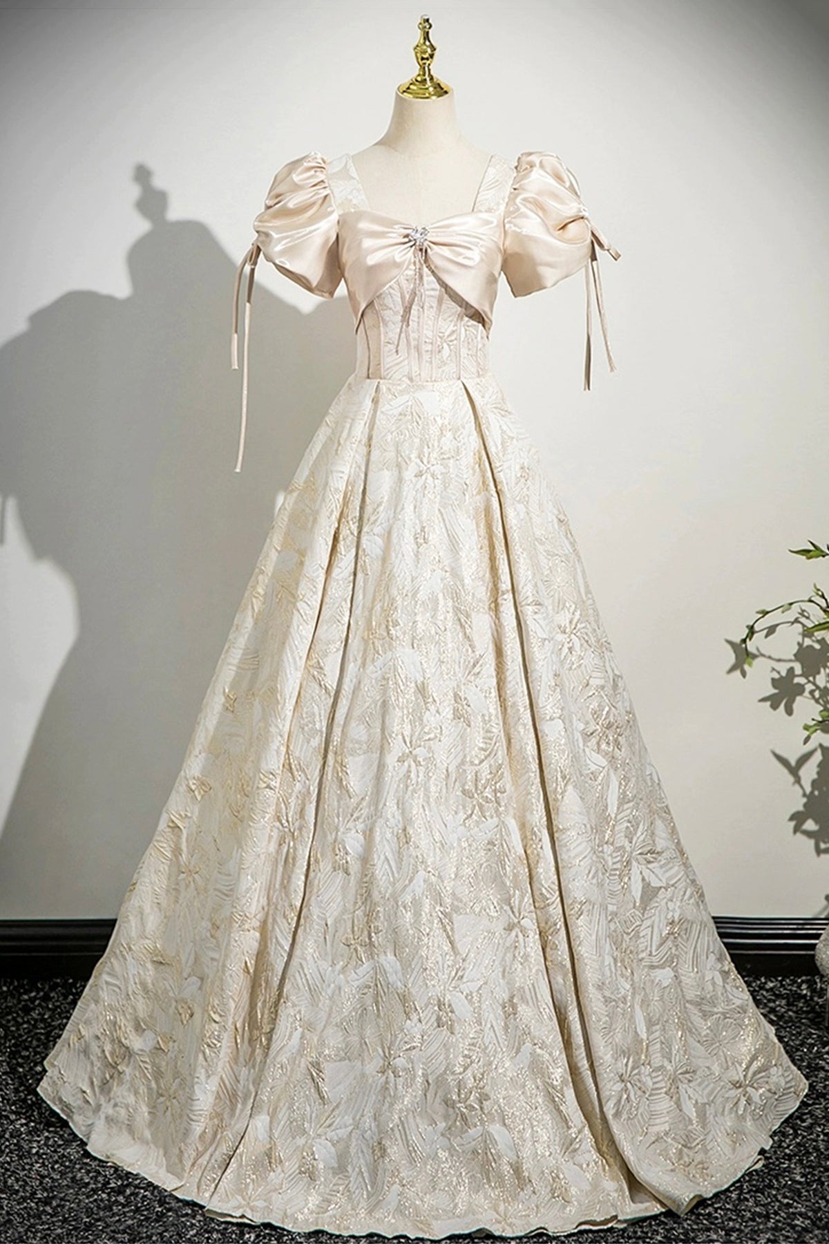 Champagne Satin Printed Floor Length Prom Dress, A-Line Short Sleeve Party Dress