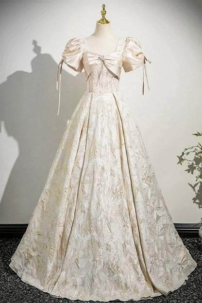 Champagne Satin Printed Floor Length Prom Dress, A-Line Short Sleeve Party Dress