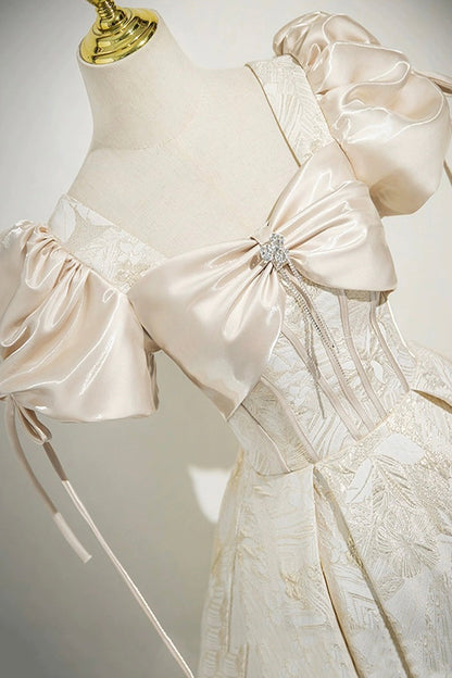 Champagne Satin Printed Floor Length Prom Dress, A-Line Short Sleeve Party Dress