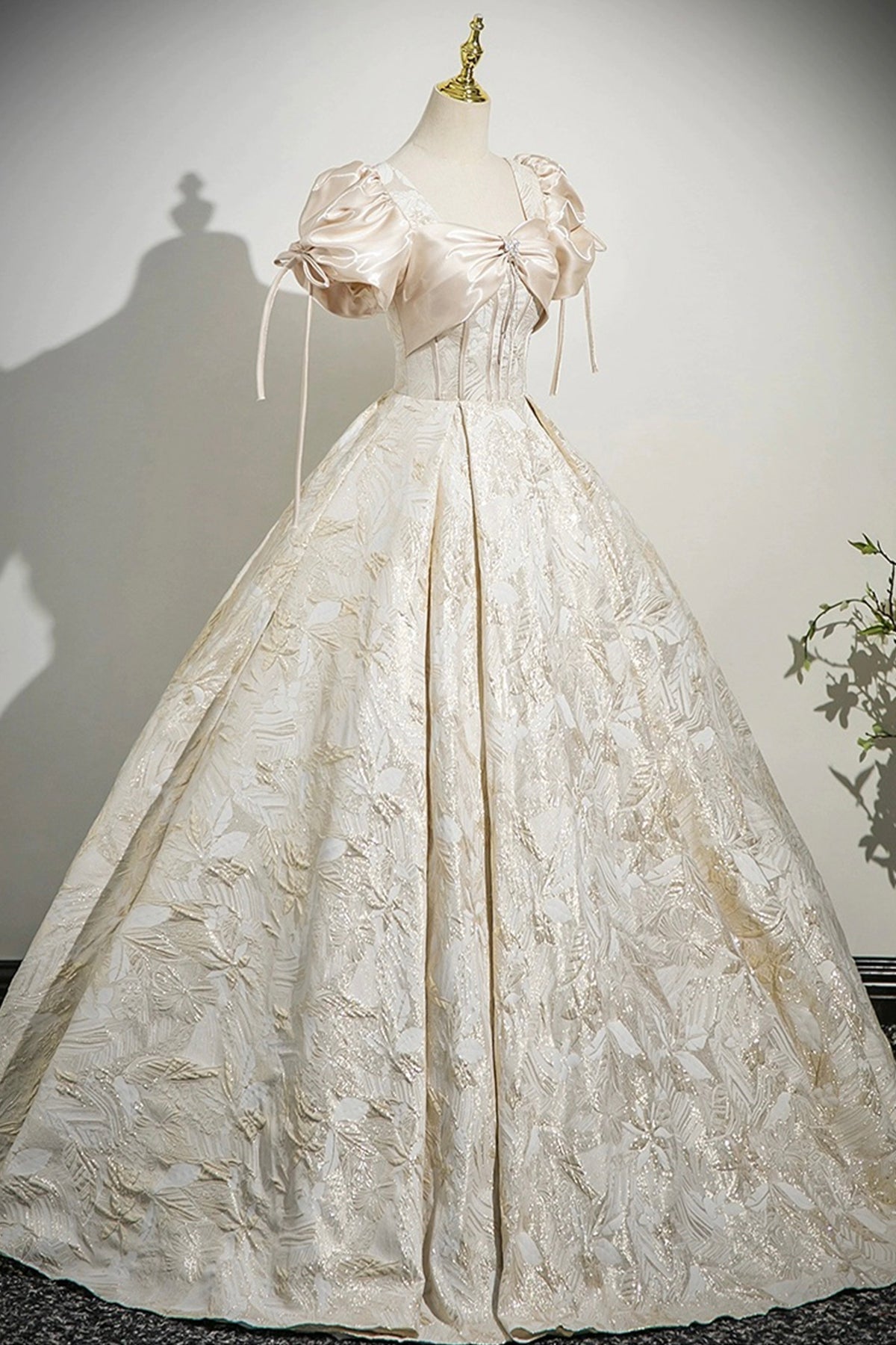 Champagne Satin Printed Floor Length Prom Dress, A-Line Short Sleeve Party Dress