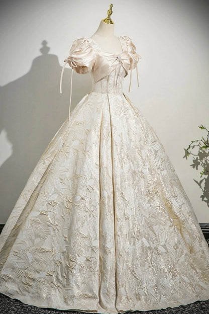 Champagne Satin Printed Floor Length Prom Dress, A-Line Short Sleeve Party Dress