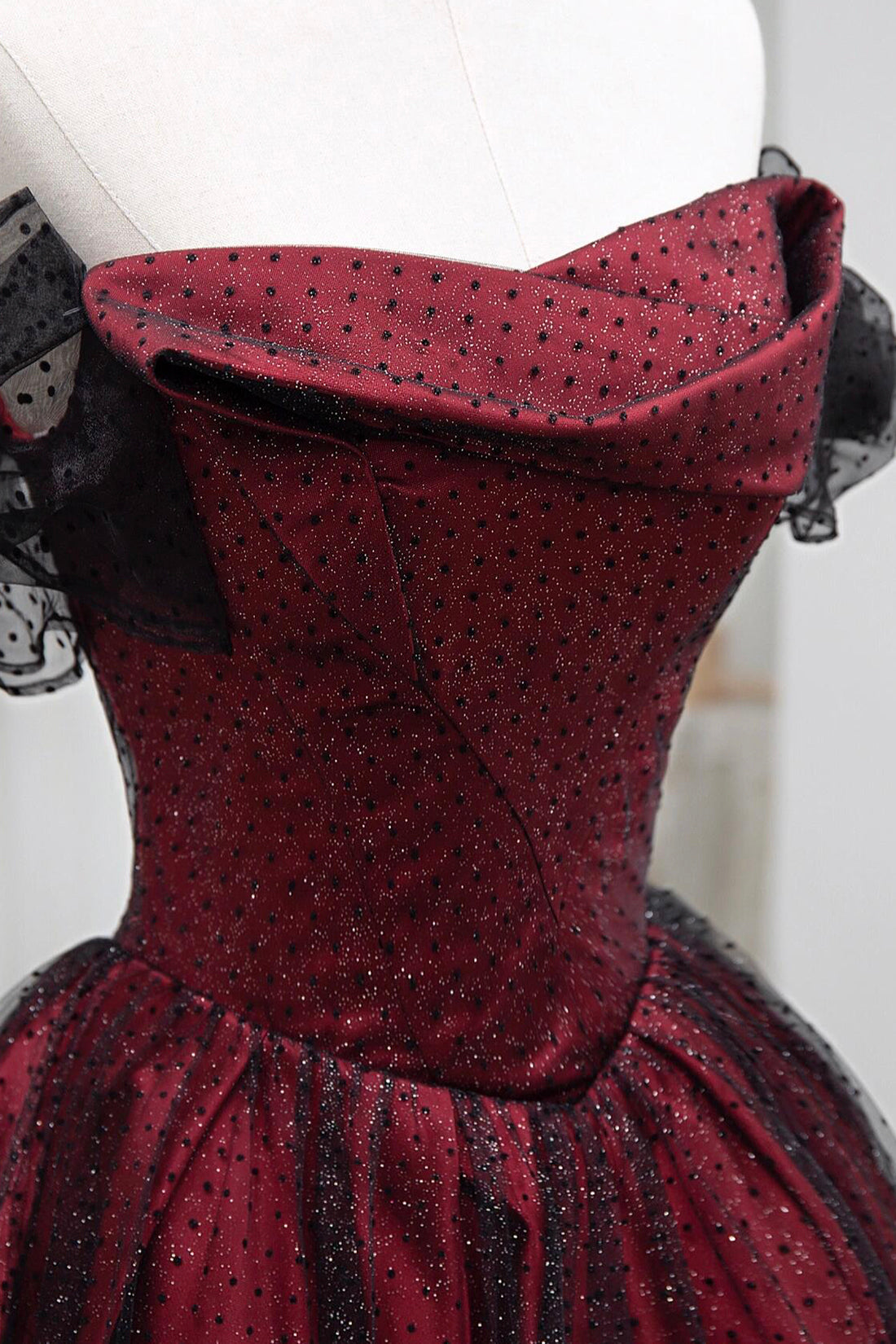 Black Tulle and Burgundy Satin Long Prom Dress, Charming A-Line Party Dress