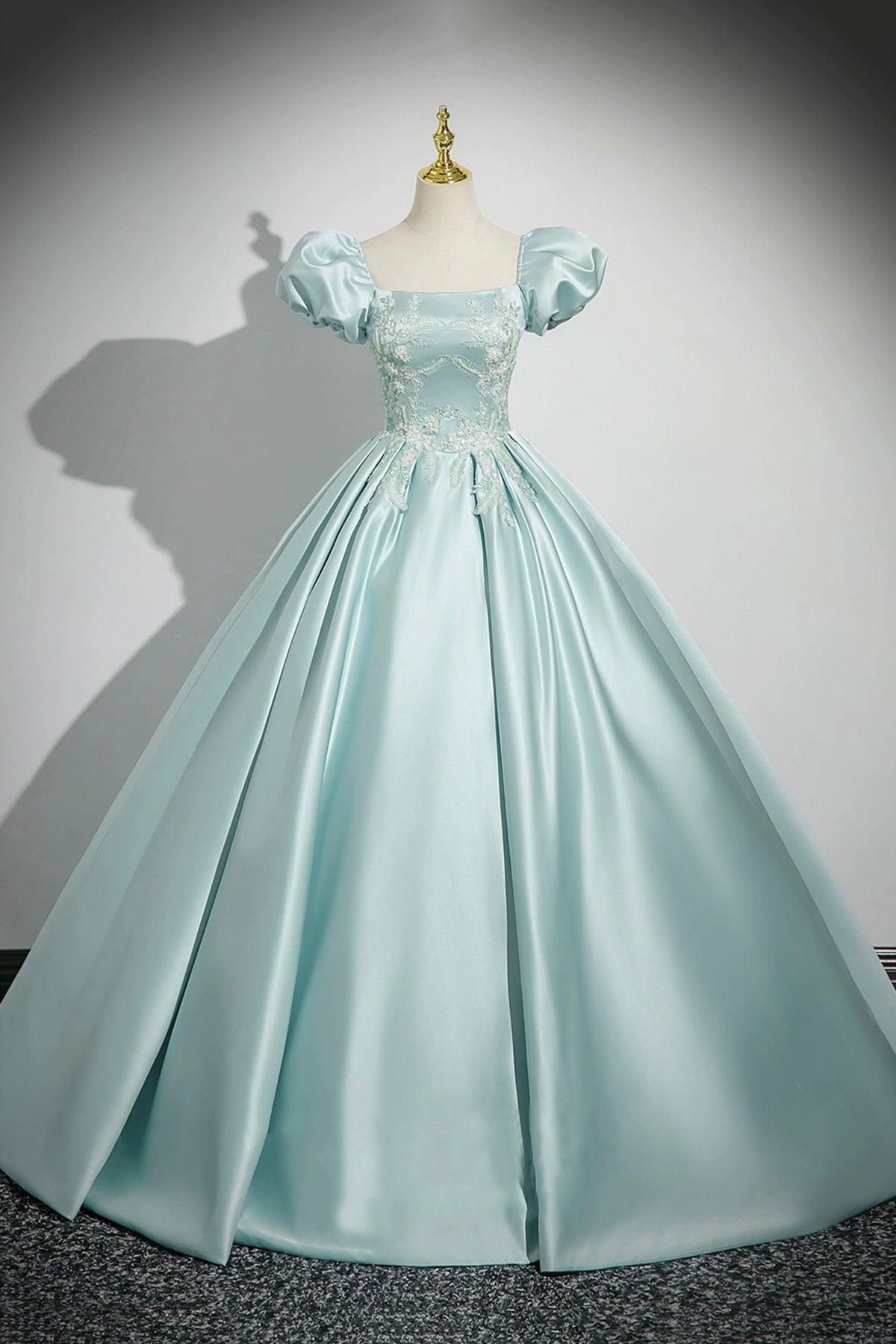 Ice Blue Satin Lace Long Prom Dress, Lovely A-Line Short Sleeve Evening Party Dress