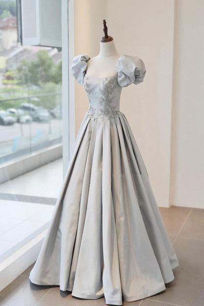 Gray Satin Beads Long Prom Dress, A-Line Short Sleeve Evening Party Dress