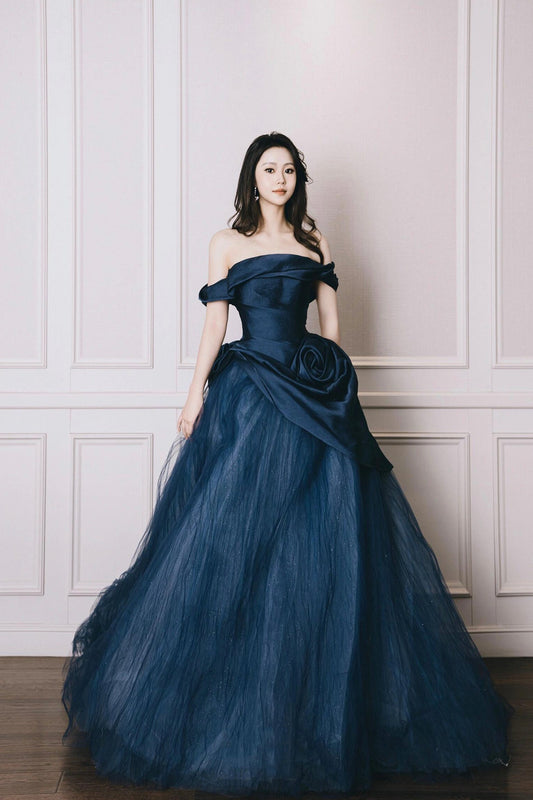 Blue Tulle Long Prom Dress, Elegant Off the Shoulder Evening Party Dress