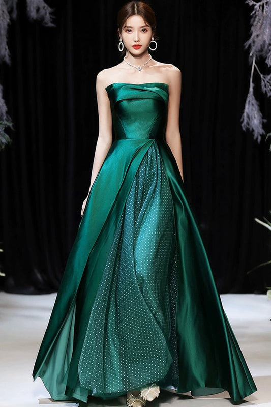 Dark Green Satin Long Prom Dress, Green A-Line Strapless Evening Dress