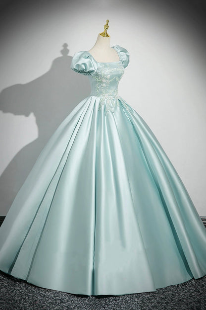 Ice Blue Satin Lace Long Prom Dress, Lovely A-Line Short Sleeve Evening Party Dress