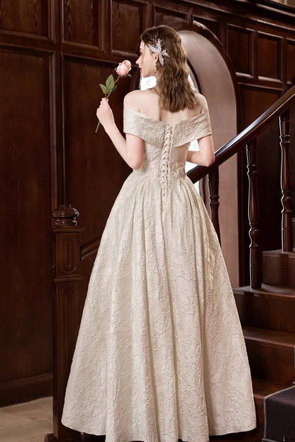 Champagne Print Satin Long Prom Dress, A-Line Off the Shoulder Party Dress