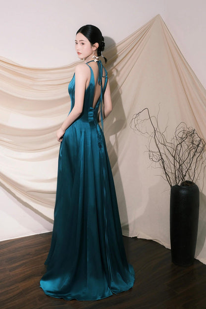 Elegant V-neck Satin Long Prom Dress, Blue A-Line Evening Party Dress